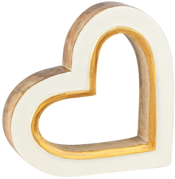 Dekoratief | Deco hart, wit/goud/naturel, hout, 15x15x3cm | A258402