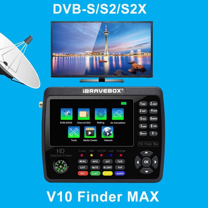 iBRAVEBOX V10 Finder Max HD Satelliet TV Signaalzoeker DVB-S/S2/S2X Digitale Handheld Signaalmeter US Plug zwart