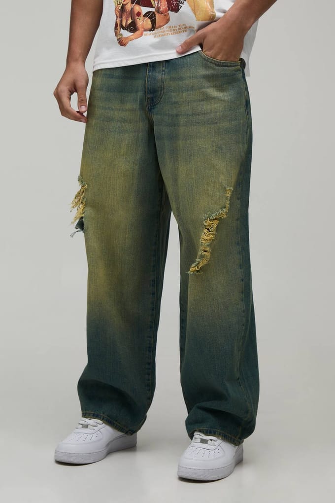 Verstelbare Taille Getinte Gescheurde Super Baggy Jeans | Mid Blue | Size 28R