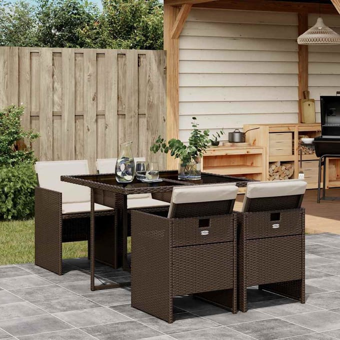 vidaXL - 5-delige - Tuinset - met - kussens - poly - rattan - bruin