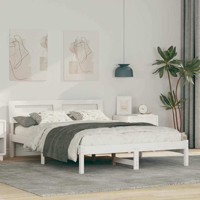 vidaXL - Bedframe - met - hoofdeinde - Wit - 135 - x - 190 - cm - Massief - grenenhout