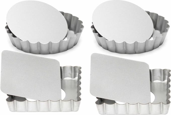 Set van 4x mini taart/quiche bakvormen vierkant en rond zilver 10 cm