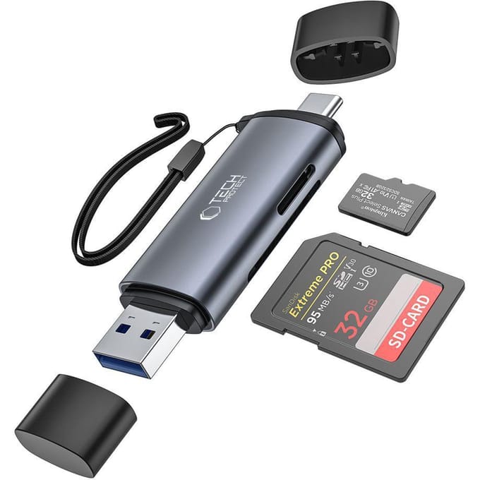 Tech-Protect UltraBoost SD / micro SD card reader with USB-C / USB-A connectors - grey USB hub - 4 - USB 3.0 - Grijs