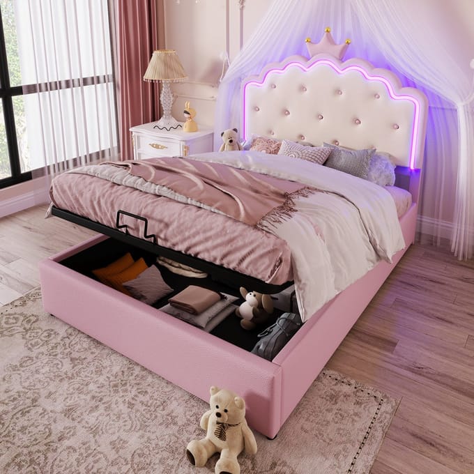 Gestoffeerd Bed - 140x200 cm - Met LED en Hydraulische Opbergruimte - PU - Roze