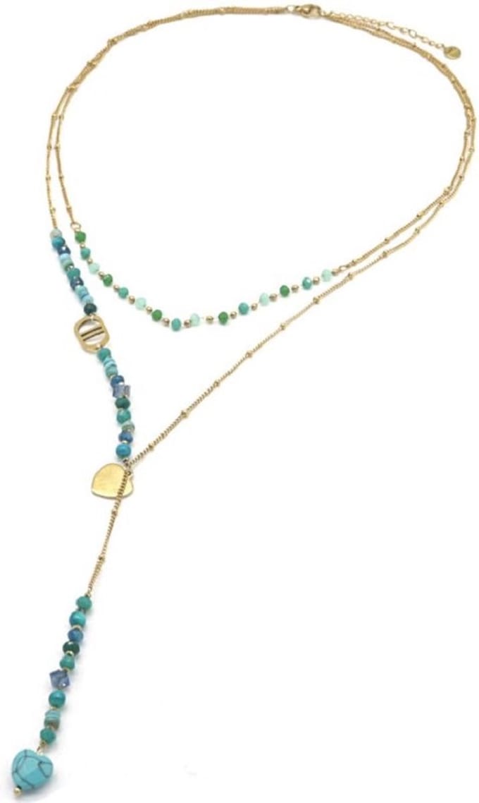 Ketting met Steentjes - RVS - Lengte 39-44 cm - Goudkleurig en Blauw