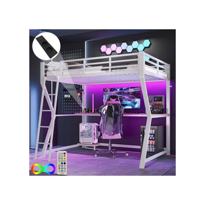 Verhoogd slaapgedeelte - MUVOE - 90 x 200 cm - LED sfeerverlichting - Multifunctioneel bureau - Ingebouwde USB-poort wit