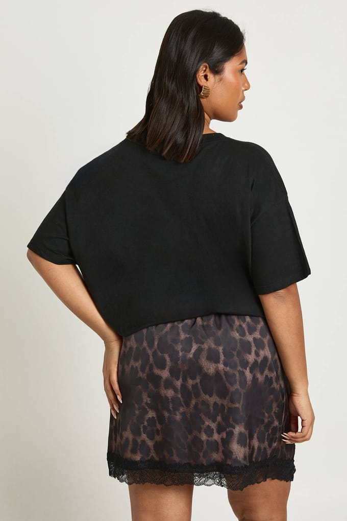 boohoo Dames Plus Leopard Satijn Kant Trim Mini Rok | Luipaardprint | Maat: 46