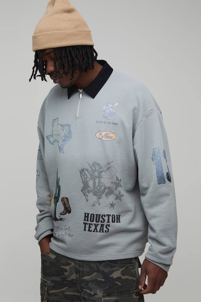 Lange Oversized Western Bedrukte Rugby Sweatshirt met Badge | Grey | Size Small