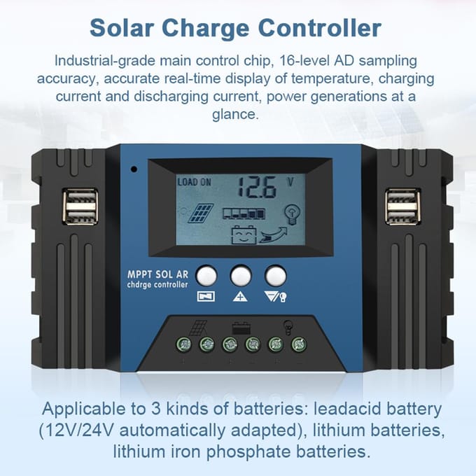 Contrôleur de charge solaire MPPT 12/24 V Contrôleur de panneau solaire à mise au point automatique Batterie intelligente 60A blue