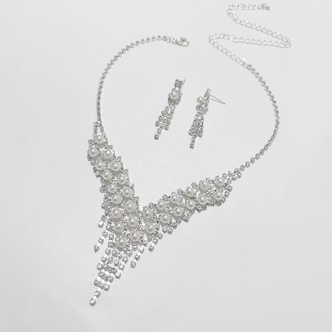 Accessoires Robe de Mariée Simple Collier Boucles d'oreilles Ensemble Deux Pièces Strass de Mariage Perles, Accessoires blanc