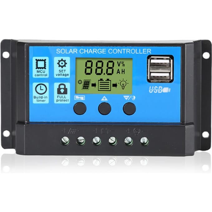 30A Solar Charge Controller Automatische identificatie PWM-parameters Instelbaar LCD-scherm Solar Controller Dubbele USB-poort met optische vertragingsmodus blauw