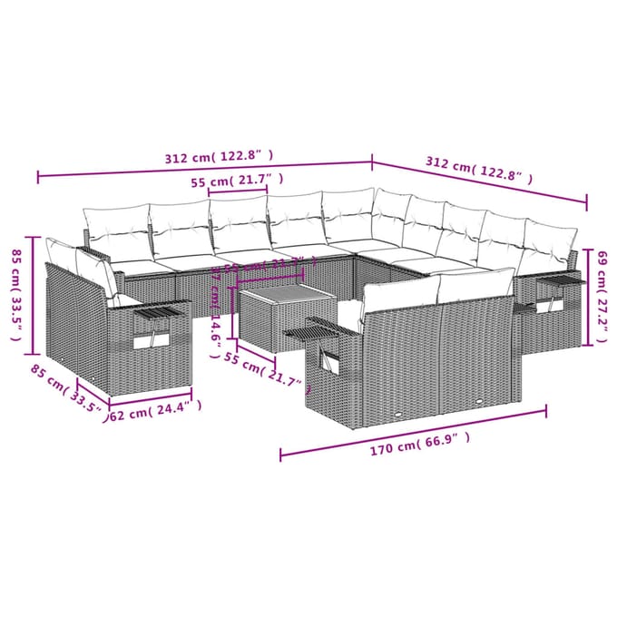 vidaXL - 14-delige - Loungeset - met - kussens - poly - rattan - gemengd - beige