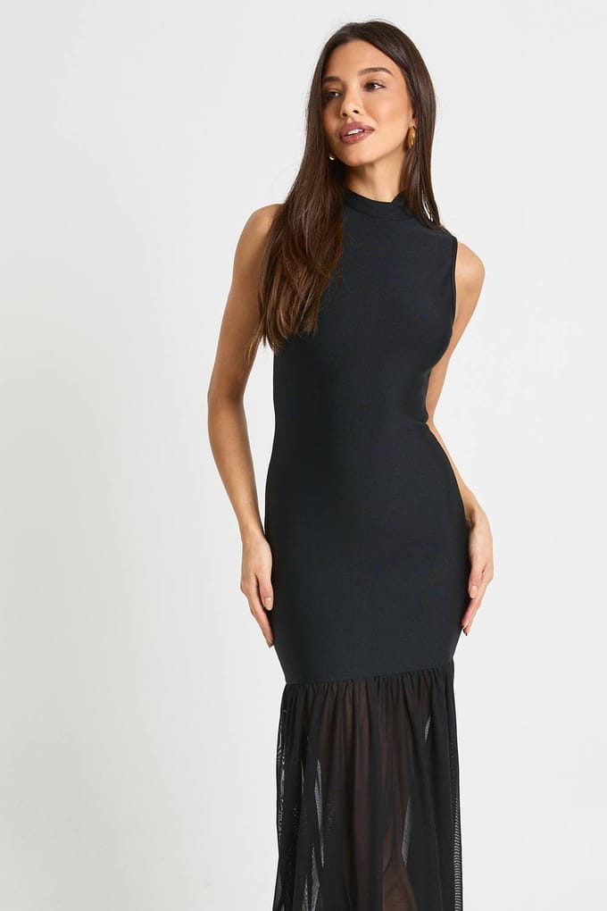 boohoo Dames Bandage Hoge Hals Mesh Rok Maxi Jurk | Black | Maat: 10