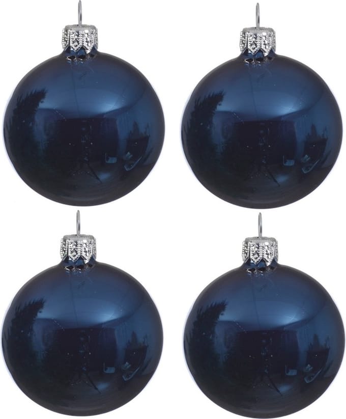 Decoris kerstballen - 4x st - donkerblauw - D10 cm - glas - glans - kerstversiering