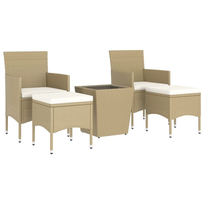 vidaXL - 5-delige - Bistroset - poly - rattan - en - gehard - glas - beige