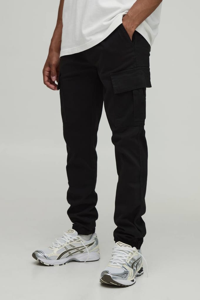 Skinny Fit elastische taille met manchetten cargobroek | Black | Size Medium