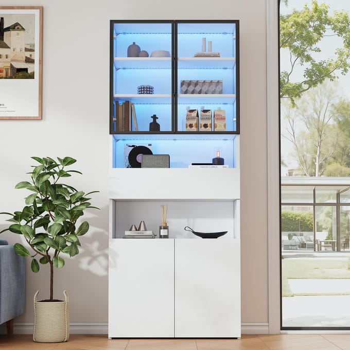 Vitrinekast - 70 x 30 x 200 cm - Glas Vitrinekast met Laden, Deuren en LED - Open Plank - MDF - Wit