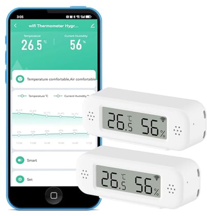Slimme Temperatuur- en Vochtigheidssensor voor Binnen - Real-time Temperatuurmonitor met App-Melding - Compatibel met Alexa en Google Home