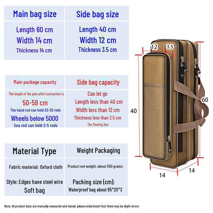 Compacte hengeltas - 40-80cm, enkele/dubbele laag, voor kunstaas en uitrusting 60cm Double Layer kaki