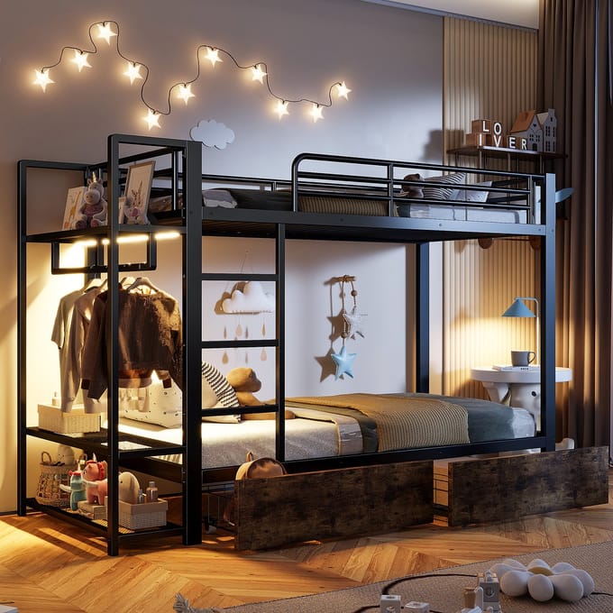 Stapelbed - 90x200 cm - met 2 Laden, LED en Kledingstang - Metaal - Zwart