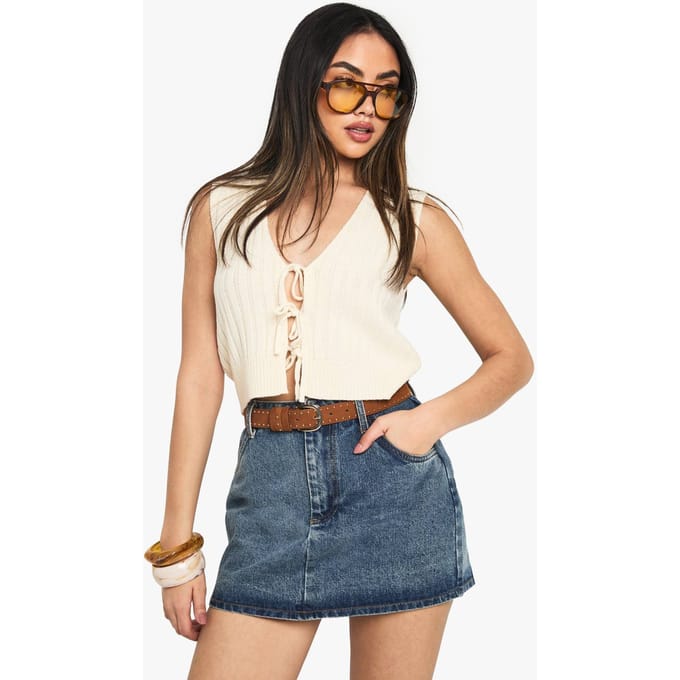 boohoo Dames Gebreide vest met vetersluitingdetail | Cream | Maat: Medium