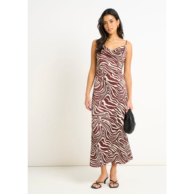 Bordeauxrode midi-jurk met zebraprint en col