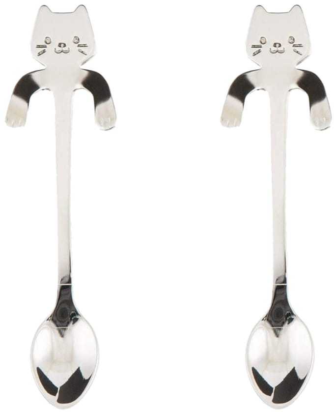 2x Theelepel / Koffielepel Hangende Kat - Zilver - 2 Stuks