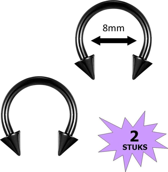 Fako Bijoux® - Circular Barbell Piercing - Hoefijzer Spike - 8mm - Zwart - 2 Stuks