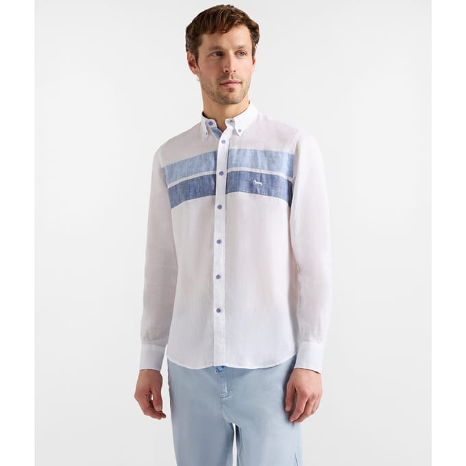 linnen shirt met contrasterende banden man wit