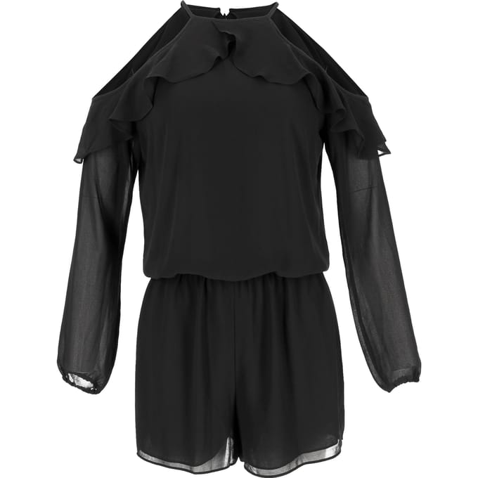 Michael Kors jumpsuit met ruches en open schouders in zwart polyester