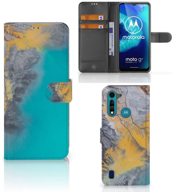 Motorola G8 Power Lite Bookcase Marble Blue Gold