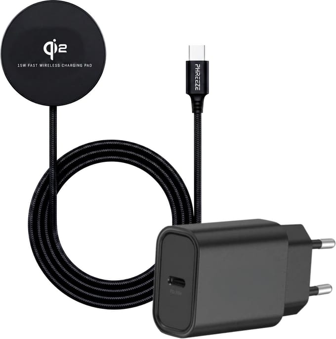 Draadloze Qi2 Oplader Gecertificeerd 15W Magnetisch Nylon 1 Meter + USB C Adapter 20W Power Delivery Snellader Zwart