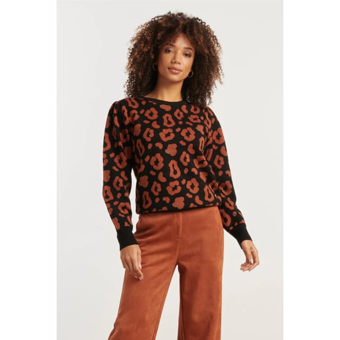 Smashed Lemon Gebreide dierenprint knit top zwart en cognac |