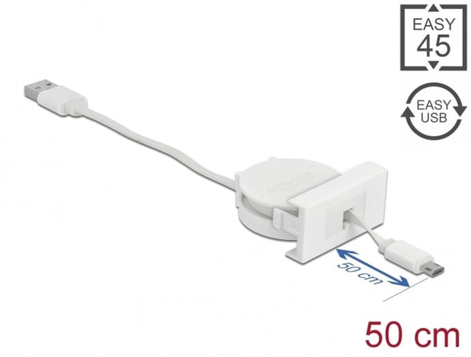 Delock Easy 45 Module USB 2.0 Retractable Cable USB Type-A to EASY-USB Type Micro-B white