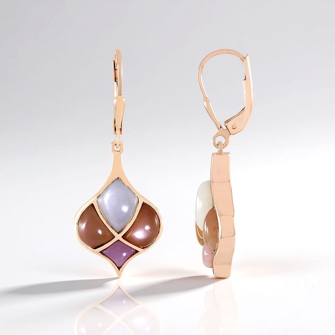 Cavill - Zilveren Oorbellen met 18K Roségoud Verguld - 9,27 ct Indiase Witte Maansteen & Roze Peruaanse Opaal - Elegant Pastel Fancy Cabochon Design