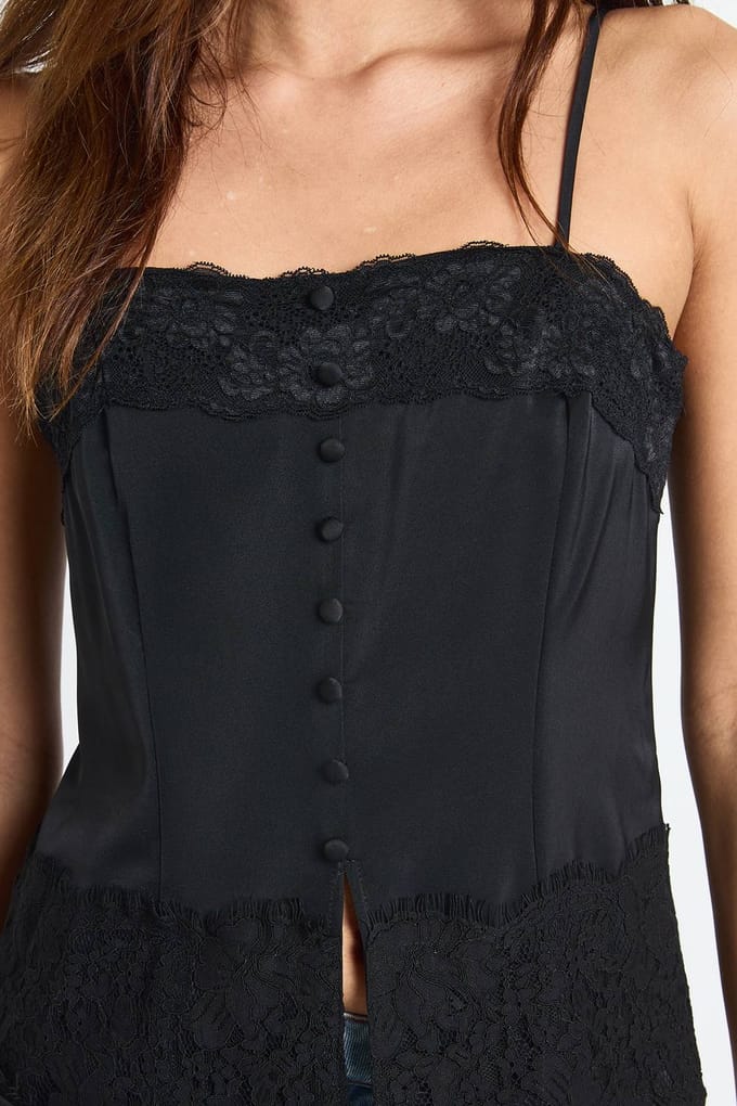 boohoo Dames Satijn-Kant Mix Cami met knoopsluiting | Black | Maat: 6