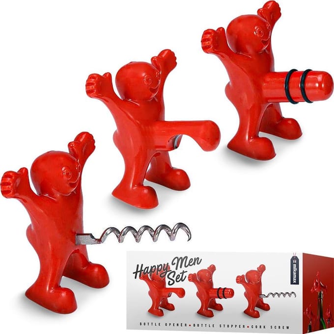 MikaMax Happy Man Set - 3 Grappige Bar Tools met Kurkentrekker, Opener en Wijnstopper
