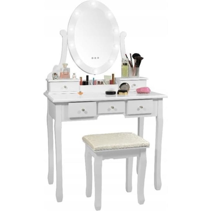 Houten kaptafel wit - met LED-verlichte spiegel- met bijpassende kruk - 80x40x137 cm