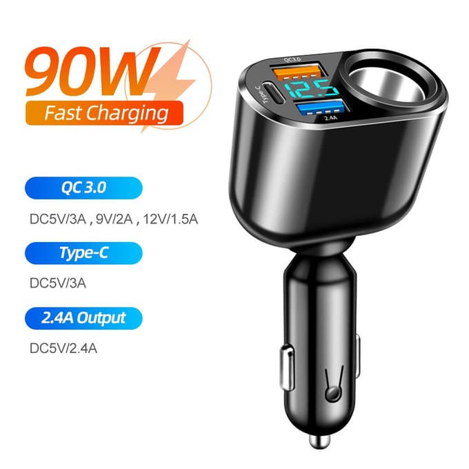 Prise de chargeur de voiture 66W PD QC3.0, séparateur de chargeur rapide, double Ports USB de Type C avec adaptateur d'alimentation à affichage LED black