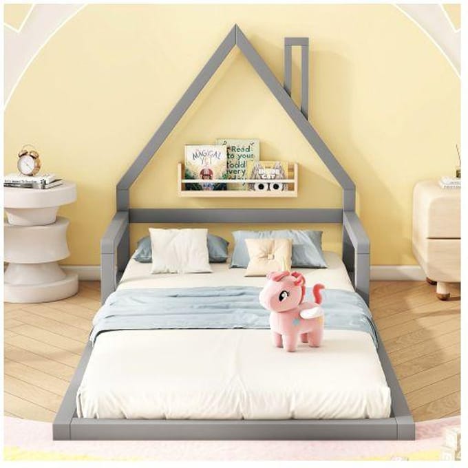 Lit d'enfant - MUVOE - 90x200cm - Pin massif - Forme maison - Gris gris