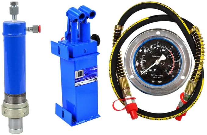 GEKO 20 ton werkplaatspers set - cilinder, 2-snelheden pomp, manometer, slang