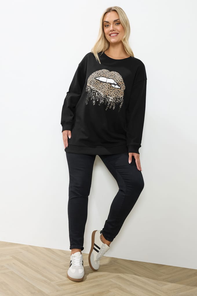 Yours Zwarte Luipaard Lippen Pailletten Versierde Sweatshirt Size 46
