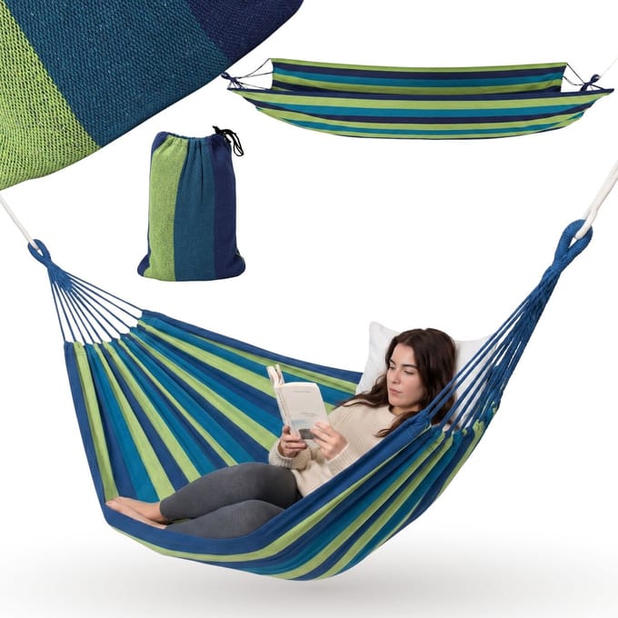 Gestreepte Tuinhangmat, Blauwe Hangmat met Hoes 200x100 cm