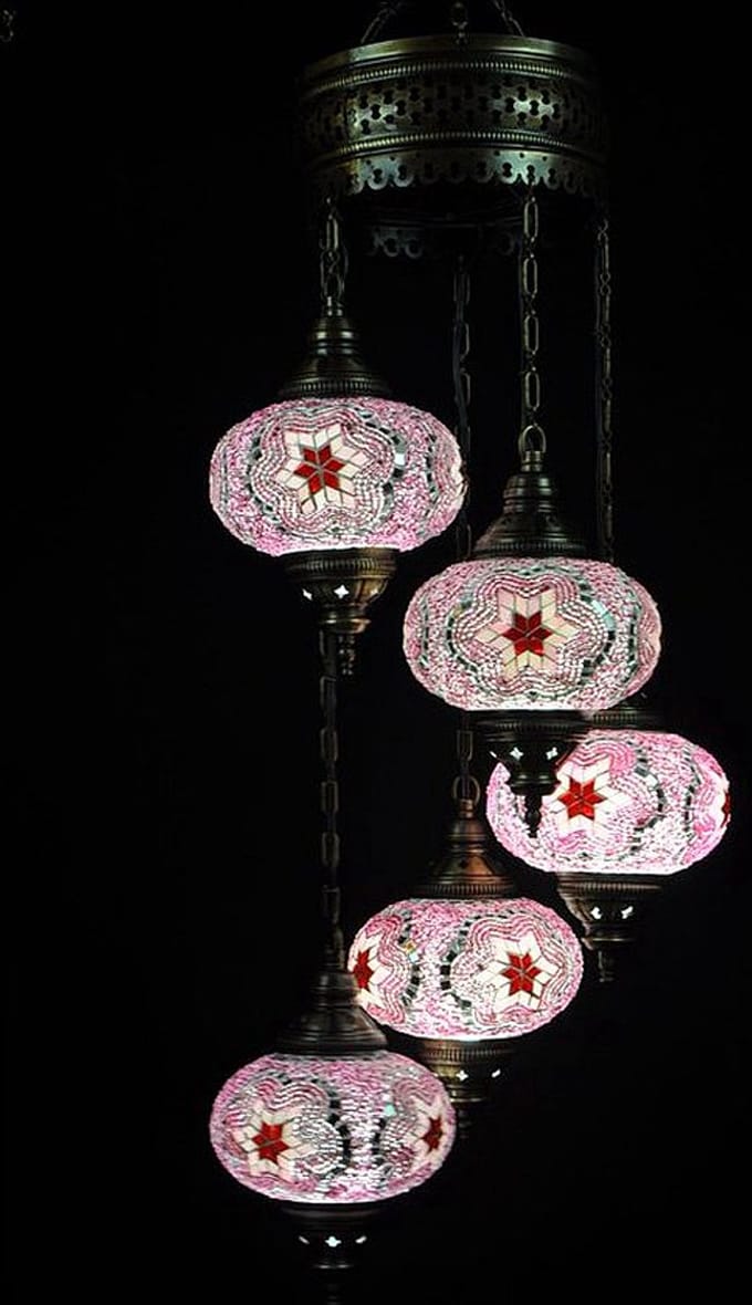 Turkse Lamp - Hanglamp - Mozaïek Lamp - 5 bollen - Roze en handgemaakt