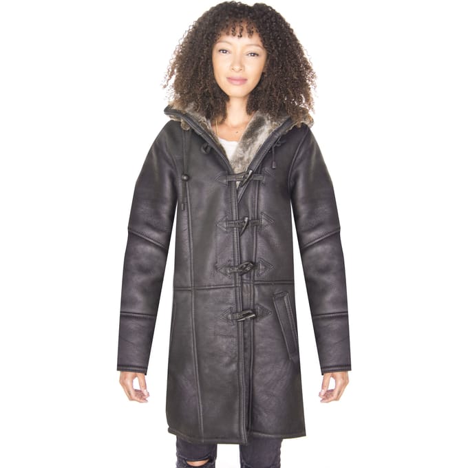 Dames zwarte shearling duffelcoat met capuchon-Lille