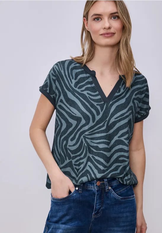 T-shirt met split neck en elastische zoom