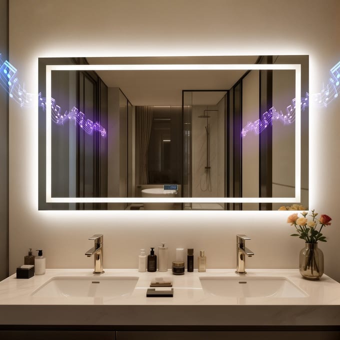 LUVODI Bluetooth-badkamerspiegel – LED-wandspiegel van 1200 x 700 mm – dimbaar met 3 lichtkleuren – anticondens – display