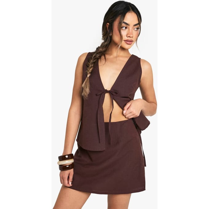 boohoo Dames Linnen A-lijn Mini Rok | Chocolate | Maat: 8