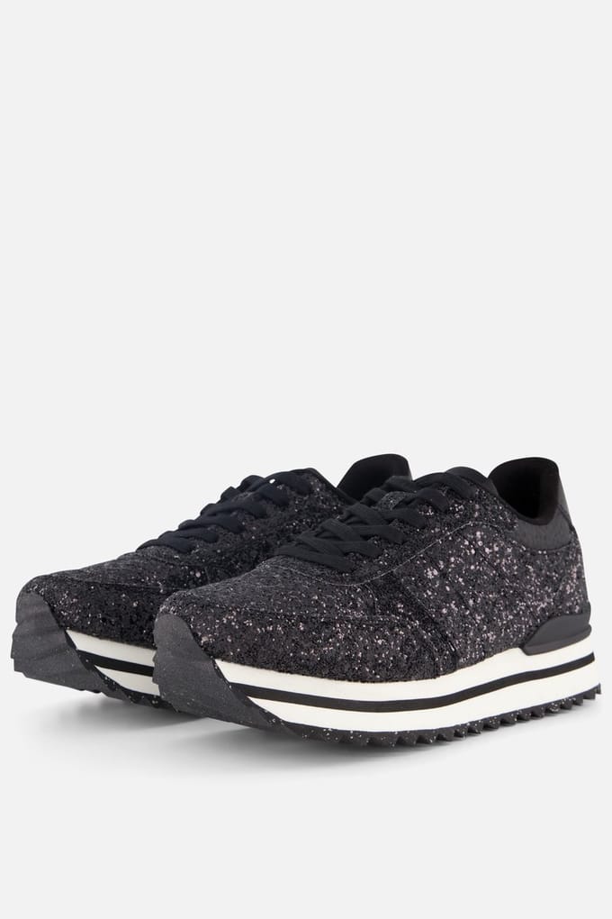 Woden Ronja Glitter Plateau Sneakers zwart - Maat 40