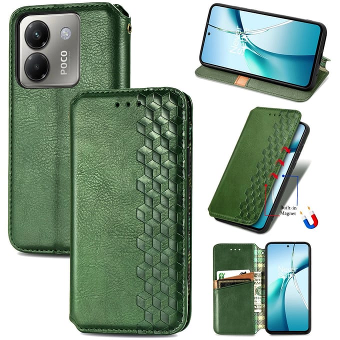 Luxe PU Lederen Ruitpatroon Wallet Case + PMMA Screenprotector voor Xiaomi Poco M7 Pro 5G _ Groen